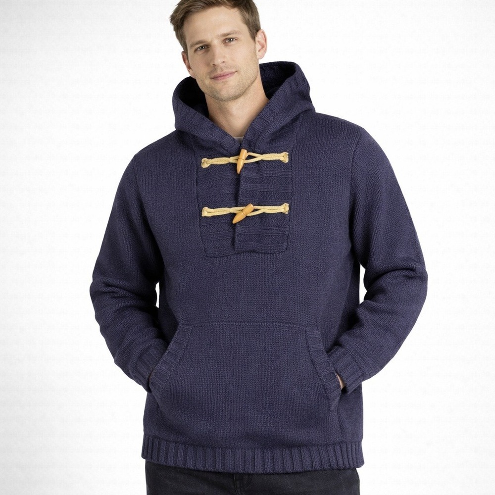 Filippa K Men's Navy Knit Hoodie Pullover Lambswool Blend Wooden Toggles Size M